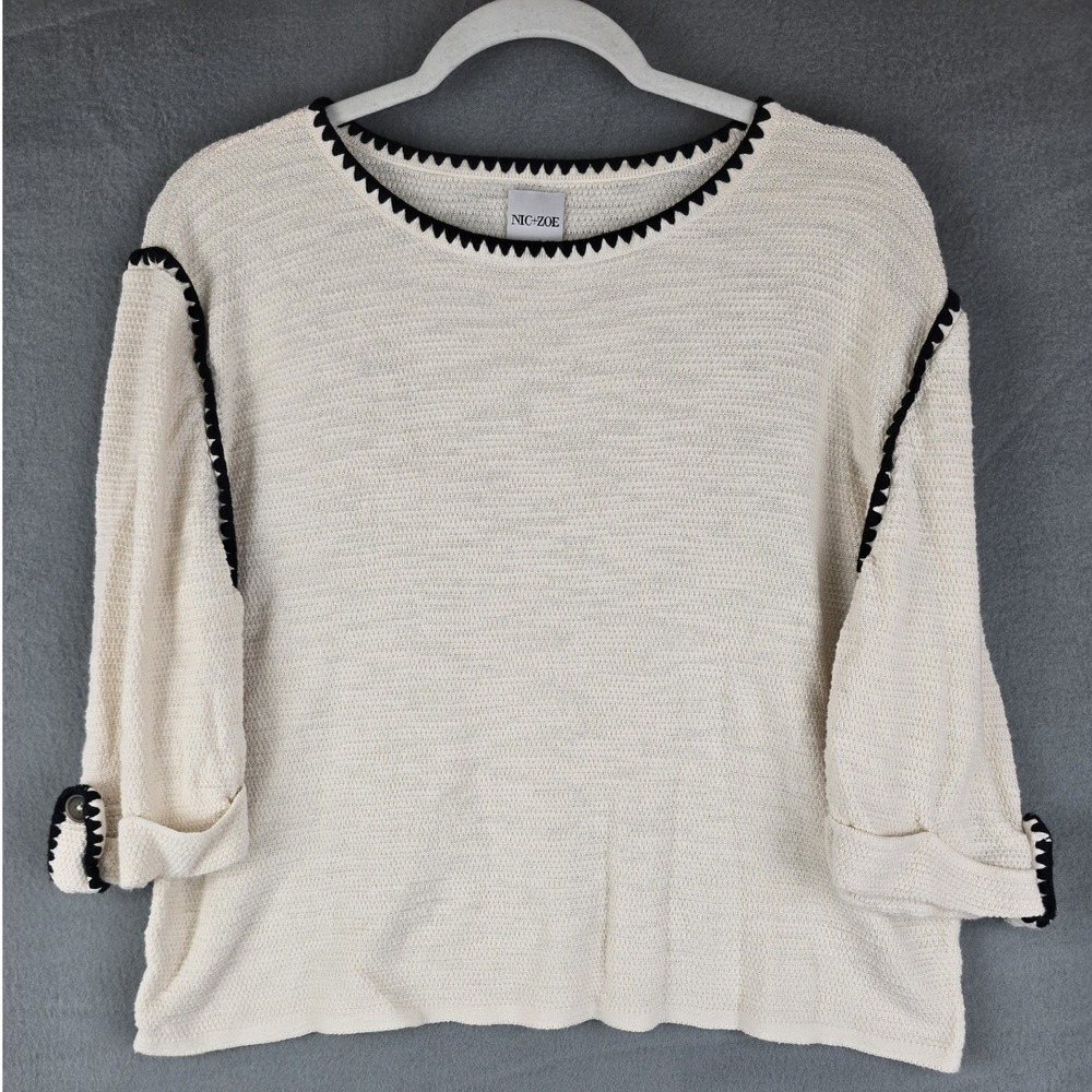 NIC+ZOE Lightweight Sweater Women XXL Ivory Ric Rac Trim 3/4 Sleeve Knit Chic